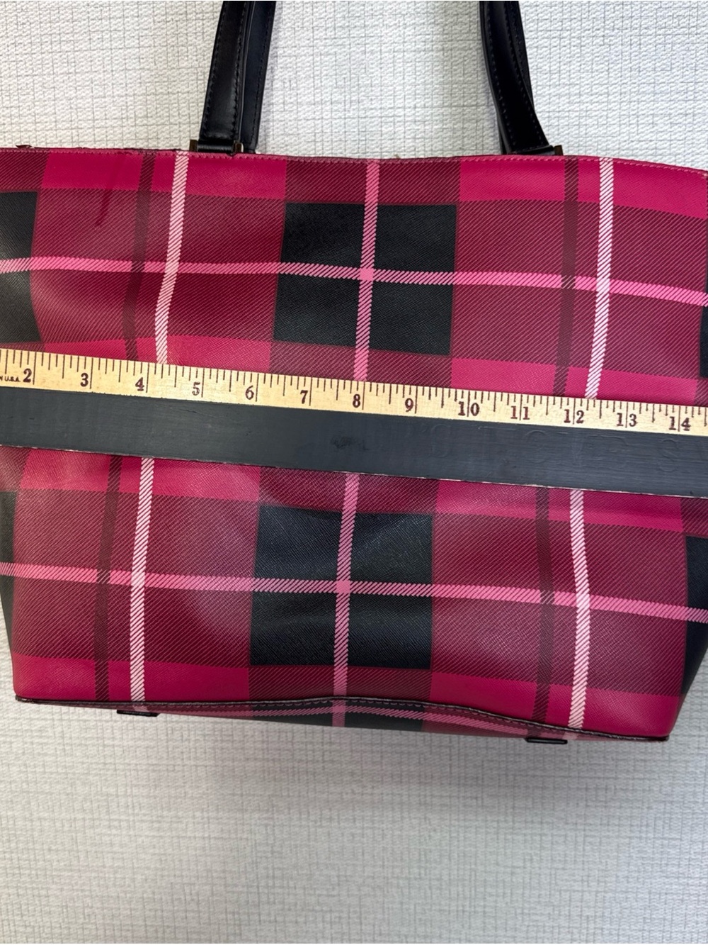 Kate Spade Zippered Tote Bag Large 13” Polyvinyl Leather Trim Pink Plaid Handbag - Picture 10 of 13
